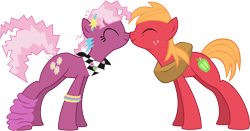 Size: 6836x3572 | Tagged: safe, artist:ispincharles, character:big mcintosh, character:cheerilee, species:earth pony, species:pony, ship:cheerimac, 80s, 80s cheerilee, boop, bracelet, jewelry, leg warmers, male, nose wrinkle, noseboop, nuzzling, shipping, simple background, smiling, stallion, straight, transparent background, vector, younger