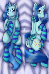 Size: 853x1280 | Tagged: safe, artist:fishiewishes, oc, oc only, oc:fishie wishes, species:pony, species:unicorn, body pillow, body pillow design, clothing, female, from above, plot, rear view, ribbon, sheet, socks, solo, striped socks