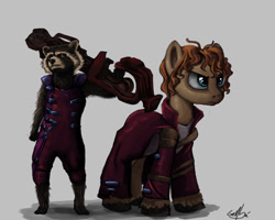 Size: 1024x818 | Tagged: safe, artist:genbulein, oc, oc:heartbreak, species:earth pony, species:pony, bipedal, branding, brown eyes, clothing, cosplay, costume, crossover, cyan eyes, duo, female, guardians of the galaxy, gun, heart, human in equestria, human to pony, male to female, mare, messy mane, my little heartbreak, raccoon, rocket raccoon, rule 63, serious face, star-lord, weapon