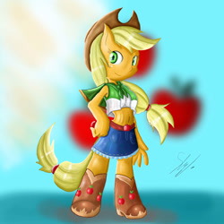 Size: 2000x2000 | Tagged: safe, artist:shogundun, character:applejack, species:anthro, ambiguous facial structure, belly button, boots, clothing, cowboy hat, denim skirt, drawing, equestria girls outfit, hat, midriff, skirt, stetson
