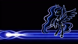 Size: 1920x1080 | Tagged: safe, artist:smockhobbes, character:princess luna, species:alicorn, species:pony, black background, comet, cutie mark, female, glow, hooves, horn, jewelry, lineart, lines, mare, minimalist, modern art, neon, photoshop, raised leg, rearing, regalia, shooting star, simple background, solo, spread wings, tiara, wallpaper, wings