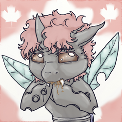 Size: 1500x1500 | Tagged: safe, artist:lavilovi, oc, oc only, oc:maple, species:changeling, brown changeling, maple leaf, maple syrup, salivating, solo