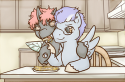 Size: 1450x950 | Tagged: safe, artist:lavilovi, oc, oc only, oc:altocumulus, oc:maple, species:changeling, species:pegasus, species:pony, brown changeling, food, male, maple syrup, pancakes, salivating, shipping