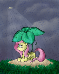 Size: 1464x1840 | Tagged: safe, artist:invertigo, character:fluttershy, species:pegasus, species:pony, clearing, crepuscular rays, female, folded wings, giant flower, leaf umbrella, looking up, lying down, profile, prone, rain, solo