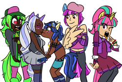 Size: 3260x2203 | Tagged: safe, artist:pandaamanda11, character:indigo zap, character:lemon zest, character:sour sweet, character:sugarcoat, character:sunny flare, species:human, equestria girls:friendship games, g4, my little pony: equestria girls, armband, baseball cap, belly button, blushing, bracelet, cap, choker, clothing, cross, crystal prep shadowbolts, dark skin, ear piercing, earring, embarrassed, eyes closed, female, glasses, gloves, goggles, hat, heart eyes, holding wrists, horned humanization, humanized, jewelry, kissing, lesbian, midriff, necklace, one eye closed, panties, piercing, scrunchy face, shadow five, shipping, shorts, skirt, smug, socks, sourdere, spiked choker, spiked wristband, stockings, striped socks, sugarzap, tailed humanization, tan skin, thong, tights, tsundere, underwear, wingding eyes, winged humanization