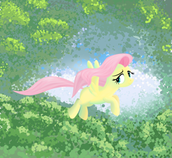 Size: 1280x1175 | Tagged: safe, artist:tgolyi, character:fluttershy, species:pegasus, species:pony, abstract background, female, flying, looking at you, looking sideways, mare, smiling, solo, spread wings, windswept mane, wings