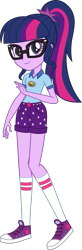 Size: 779x2384 | Tagged: safe, artist:rustle-rose, character:twilight sparkle, character:twilight sparkle (scitwi), species:eqg human, equestria girls:legend of everfree, g4, my little pony: equestria girls, my little pony:equestria girls, camp everfree outfits, clothing, converse, cute, denim shorts, female, glasses, happy, hero, heroine, high socks, looking at you, multicolored hair, ponytail, purple eyes, purple skin, shirt, shoes, shorts, simple background, smiling, sneakers, socks, solo, t-shirt, tomboy, transparent background, twiabetes, vector