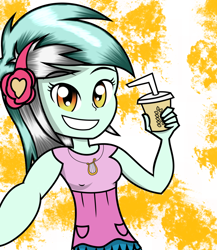 Size: 1024x1182 | Tagged: safe, artist:alligatorgummy, character:lyra heartstrings, equestria girls:rainbow rocks, g4, my little pony: equestria girls, my little pony:equestria girls, beverage, clothing, credits, cup, cute, female, happy, headphones, jewelry, looking at you, lyrabetes, necklace, pendant, selfie, shine like rainbows, smiling, smiling at you, solo, straw