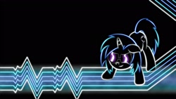 Size: 1920x1080 | Tagged: safe, artist:smockhobbes, character:dj pon-3, character:vinyl scratch, species:pony, species:unicorn, g4, black background, cutie mark, female, floppy ears, hooves, horn, lineart, mare, neon, photoshop, simple background, smiling, solo, sunglasses, wallpaper