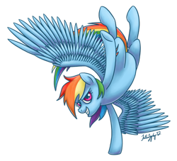 Size: 800x727 | Tagged: dead source, safe, artist:fallenzephyr, character:rainbow dash, species:pegasus, species:pony, female, grin, handstand, looking at you, mare, signature, simple background, smiling, solo, spread wings, transparent background, upside down, wings
