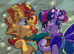 Size: 1150x850 | Tagged: safe, artist:mewy101, character:sunset shimmer, character:twilight sparkle, character:twilight sparkle (scitwi), species:pony, ship:scitwishimmer, ship:sunsetsparkle, equestria girls:legend of everfree, g4, my little pony: equestria girls, my little pony:equestria girls, alternate costumes, alternate hairstyle, blushing, equestria girls ponified, female, lesbian, mare, ponified, scene interpretation, shipping