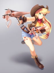 Size: 600x800 | Tagged: safe, artist:yatonokami, character:applejack, species:human, apple, archer, belt, blonde hair, boots, clothing, commission, cowboy boots, cowboy hat, cowgirl, crossbow, denim shorts, fantasy class, female, fingerless gloves, food, freckles, gloves, gradient background, green eyes, happy, hat, humanized, ponytail, shoes, shorts, smiling, solo, tomboy, weapon, wip