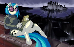 Size: 1920x1214 | Tagged: safe, artist:halcy0n, character:dj pon-3, character:vinyl scratch, species:anthro, species:unguligrade anthro, city, cityscape, clothing, female, futuristic, rooftop, sitting, solo, sunglasses