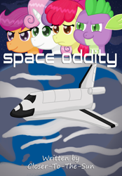 Size: 1500x2152 | Tagged: safe, artist:despisedandbeloved, character:apple bloom, character:scootaloo, character:spike, character:sweetie belle, cutie mark crusaders, fanfic, fanfic art, space, space shuttle, spaceship
