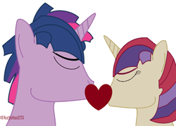 Size: 1024x732 | Tagged: safe, artist:rmzero, character:moondancer, character:twilight sparkle, oc:dusk shine, ship:twidancer, duskdancer, eyes closed, female, half r63 shipping, heart, kissing, male, rule 63, shipping, straight