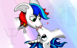 Size: 4000x2500 | Tagged: safe, artist:raptorpwn3, oc, oc only, oc:pedals, oc:psi, species:pegasus, species:pony, species:unicorn, blushing, collar, coltfriend, cute, gay, kissing, licking, male, oc x oc, pet, pet tag, shipping, stallion, tongue out