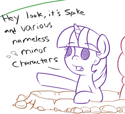 Size: 1967x1800 | Tagged: safe, artist:sykobelle, character:twilight sparkle, dialogue, empty eyes, hole, no catchlights, no pupils, partial color, pointing, simple background, sketch, solo focus, white background
