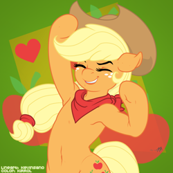 Size: 900x900 | Tagged: safe, artist:kevinsano edits, artist:kirrol, edit, character:applejack, armpits, belly button, colored, cutie mark background, excited, eyes closed, female, solo