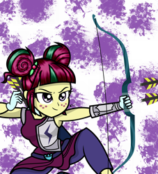 Size: 1024x1130 | Tagged: safe, artist:alligatorgummy, character:sour sweet, equestria girls:friendship games, equestria girls:rainbow rocks, g4, my little pony: equestria girls, my little pony:equestria girls, archery, arrow, bow (weapon), bow and arrow, clothing, credits, female, firing, freckles, gloves, pants, quiver, shine like rainbows, solo