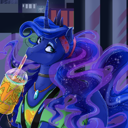 Size: 950x950 | Tagged: safe, artist:chocolateponi, character:princess luna, 7-eleven, alternate hairstyle, chest fluff, choker, clothing, ear fluff, female, jewelry, necklace, ponytail, slurpee, solo, t-shirt