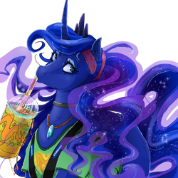Size: 950x950 | Tagged: safe, artist:chocolateponi, character:princess luna, 7-eleven, alternate hairstyle, chest fluff, choker, clothing, ear fluff, female, jewelry, necklace, ponytail, simple background, slurpee, solo, t-shirt, transparent background
