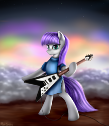 Size: 2600x3000 | Tagged: safe, artist:pony-stark, character:maud pie, species:pony, bipedal, cable, clothing, evening, female, flying v, guitar, hoof hold, outdoors, signature, sky, solo, stars