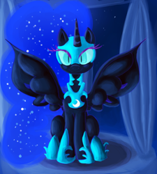 Size: 934x1039 | Tagged: safe, artist:paintrolleire, character:nightmare moon, character:princess luna, species:alicorn, species:pony, female, looking at you, mare, sitting, solo