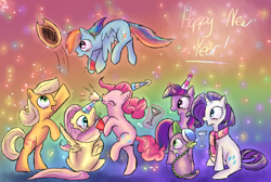 Size: 2200x1480 | Tagged: dead source, safe, artist:nos-talgia, character:applejack, character:fluttershy, character:pinkie pie, character:rainbow dash, character:rarity, character:spike, character:twilight sparkle, drunk, drunk aj, drunk rarity, drunk twilight, drunker dash, drunkershy, drunkie pie, happy new year, mane seven, mane six
