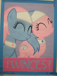 Size: 2112x2816 | Tagged: safe, artist:iceroadlion, character:aloe, character:lotus blossom, species:earth pony, species:pony, eyes closed, female, implied incest, incest, lesbian, mare, painting, poster, shipping, smiling, spa twins, spacest, twincest, twins