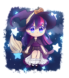 Size: 800x900 | Tagged: safe, artist:patty-plmh, character:twilight sparkle, species:human, broom, chibi, clothing, cloud, costume, female, flying, flying broomstick, hat, humanized, jack-o-lantern, looking at you, night, nightmare night, pumpkin, sitting, smiling, solo, stars, witch, witch hat