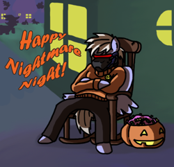 Size: 500x481 | Tagged: safe, artist:ryuspike, character:rainbow blaze, candy, clothing, costume, crossed arms, food, halloween, holiday, jack-o-lantern, male, nightmare night, overwatch, pumpkin, pumpkin bucket, soldier 76, solo