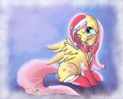 Size: 980x790 | Tagged: safe, artist:nos-talgia, character:fluttershy, bow, christmas, clothing, female, hat, present, santa hat, sitting, socks, solo, wink