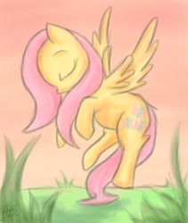 Size: 650x770 | Tagged: safe, artist:nos-talgia, character:fluttershy, species:pegasus, species:pony, eyes closed, female, flying, grass, mare, profile, signature