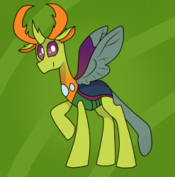 Size: 582x588 | Tagged: safe, artist:rozzertrask, character:thorax, species:changeling, species:reformed changeling, episode:to where and back again, g4, my little pony: friendship is magic, antlers, floppy ears, green background, insect wings, looking at you, male, raised hoof, simple background, smiling, solo, spread wings, wings