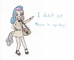Size: 1952x1584 | Tagged: safe, anonymous artist, character:bon bon, character:sweetie drops, species:human, episode:call of the cutie, g4, my little pony: friendship is magic, apple, blushing, bon bon is not amused, clothing, dialogue, feet, female, food, humanized, i didn't put those in my bag, open mouth, pointing, sandals, scene interpretation, simple background, skirt, solo, tailed humanization, traditional art, unamused
