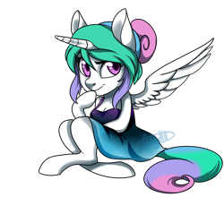Size: 1024x903 | Tagged: safe, artist:dragonfruitdarigan, character:princess celestia, species:anthro, species:unguligrade anthro, alternate hairstyle, arm hooves, breasts, cleavage, clothing, dress, female, hair bun, hoof on chin, simple background, sitting, smiling, solo, spread wings, transparent background, wings