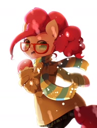 Size: 1200x1570 | Tagged: safe, artist:hidamariru, character:pinkie pie, species:anthro, clothing, coat, cute, female, glasses, looking back, pantyhose, pixiv, scarf, semi-anthro, skirt, snow, solo