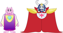 Size: 2000x1058 | Tagged: safe, artist:dalekolt, character:princess cadance, character:shining armor, asgore dreemurr, cape, clothing, looking at you, open mouth, recolor, simple background, smiling, toriel, transparent background, undertale