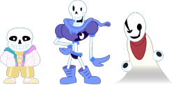 Size: 2871x1412 | Tagged: safe, artist:dalekolt, character:princess celestia, character:princess luna, oc, oc:fausticorn, armor, clothing, grin, hoodie, looking at you, one eye closed, open mouth, papyrus, papyrus (undertale), pose, raised eyebrow, recolor, sans (undertale), simple background, smiling, smirk, transparent background, undertale, w.d. gaster, wink