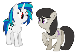 Size: 808x558 | Tagged: safe, artist:derphed, character:dj pon-3, character:octavia melody, character:vinyl scratch, species:earth pony, species:pony, species:unicorn, .svg available, cutie mark, female, hooves, horn, mare, plot, raised hoof, simple background, smiling, svg, transparent background, vector, wrong eye color