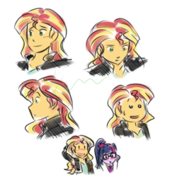 Size: 600x600 | Tagged: safe, artist:funakounasoul, character:sunset shimmer, character:twilight sparkle, character:twilight sparkle (scitwi), species:eqg human, ship:scitwishimmer, ship:sunsetsparkle, my little pony:equestria girls, expressions, female, lesbian, shipping, simple background, study