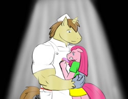 Size: 990x765 | Tagged: safe, artist:caseyljones, character:donut joe, character:pinkamena diane pie, character:pinkie pie, species:anthro, species:earth pony, species:pony, species:unicorn, ship:pinkiejoe, crying, female, male, muscles, shipping, straight