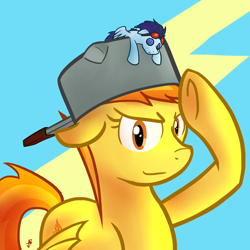 Size: 2000x2000 | Tagged: safe, artist:invertigo, character:soarin', character:spitfire, species:pony, ship:soarinfire, crush plush, cute, looking at you, male, plushie, salute, shipping, straight