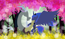 Size: 5000x3012 | Tagged: safe, artist:miragepotato, character:discord, character:princess luna, ship:lunacord, male, shipping, straight