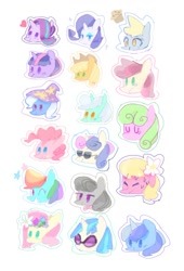 Size: 582x855 | Tagged: safe, artist:twico, character:applejack, character:bon bon, character:daisy, character:derpy hooves, character:dj pon-3, character:fluttershy, character:lily, character:lily valley, character:lyra heartstrings, character:minuette, character:octavia melody, character:pinkie pie, character:rainbow dash, character:rarity, character:roseluck, character:starlight glimmer, character:sweetie drops, character:trixie, character:twilight sparkle, character:vinyl scratch, species:earth pony, species:pegasus, species:pony, species:unicorn, adaisable, adorabon, applejack's hat, bow tie, clothing, cowboy hat, crying, cute, cuteluck, dashabetes, derpabetes, diapinkes, diatrixes, eyes closed, female, floppy ears, flower, flower in hair, flower trio, food, glasses, glimmerbetes, hat, heart, jackabetes, lidded eyes, lyrabetes, mare, minubetes, muffin, one eye closed, raribetes, shyabetes, simple background, smiling, sparkles, stars, sticker, sunglasses, sweat, tavibetes, trixie's hat, twiabetes, vinylbetes, wall of tags, white background, wink