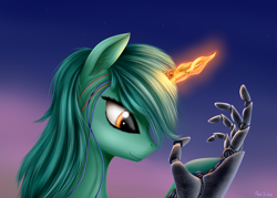 Size: 2800x2000 | Tagged: safe, artist:pony-stark, character:lyra heartstrings, species:pony, species:unicorn, bust, ear fluff, female, glowing horn, hand, magic, mare, mechanical hands, portrait, profile, raised hoof, signature, sky, smiling, solo, stars, technology, that pony sure does love hands, twilight (astronomy), wires
