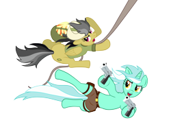 Size: 5000x3750 | Tagged: safe, artist:bipole, character:daring do, character:lyra heartstrings, absurd resolution, action pose, cosplay, dual pistols, dual wield, gun, simple background, swinging, tomb raider, transparent background, vector, weapon, who needs trigger fingers