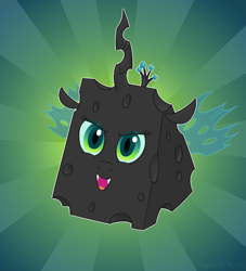 Size: 1000x1100 | Tagged: safe, artist:hoppip, character:queen chrysalis, abstract background, adorawat, cheese, cheeseling, cute, cutealis, disguise, disguised changeling, fangs, female, glare, horn, looking at you, open mouth, queen swissalis, smiling, solo, sunburst background, wat, wings