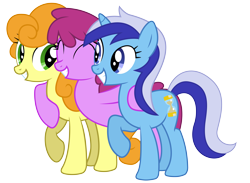Size: 7500x5500 | Tagged: safe, artist:drfatalchunk, character:berry punch, character:berryshine, character:carrot top, character:golden harvest, character:minuette, species:pony, absurd resolution, background pony, female, hug, simple background, smiling, transparent background, trio, trio female, vector