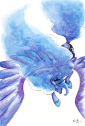 Size: 800x1175 | Tagged: safe, artist:fallenzephyr, character:princess luna, female, flying, solo, traditional art, watercolor painting